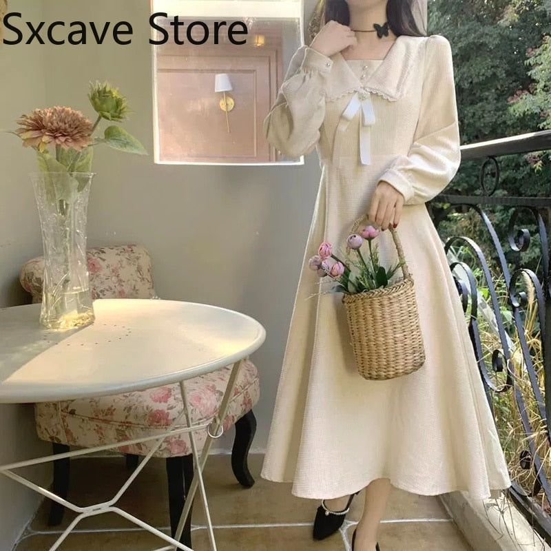 Drespot White Midi Dress Women Casual Long Sleeve Elegant Vintage One Piece Dress Korean  Autumn Outdoor Design Kawaii Clothing Chic