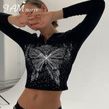 IAMHOTTY Butterfly Printed Graphic Tee Women Y2K Top Long Sleeve Dark Academia Clothes Gothic O Neck Crop Tops Retro T Shirt Hot