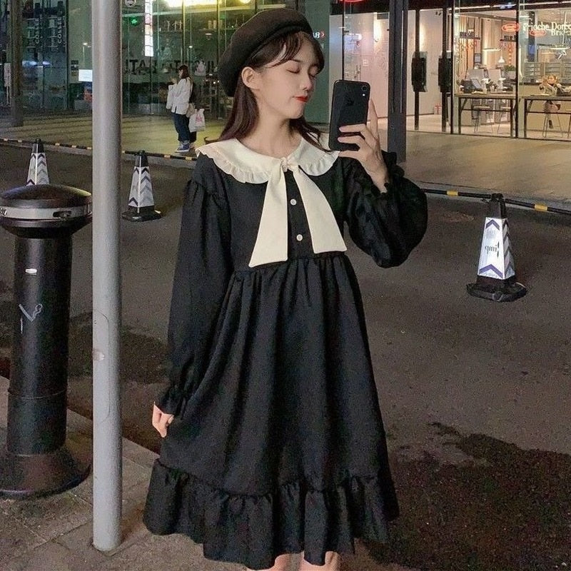 Drespot Kawaii Cute Dress Women Japanese Preppy Style Sweet Peter Pan Collar Ruffle Black Dresses College Student Clothes