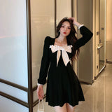 Black Lace Patchwork Mini Dress Women Kawaii Bow Long Sleeve Preppy Style  Quare Collar Dress Sexy Korean Style Fashion