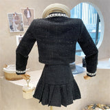 Drespot  Fashion Small Fragrance Tweed Two Piece Set Women Crop Top Bow Short Jacket Coat + Pleated Skirt Suits Vintage  2 Piece Sets