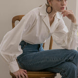 Drespot Lantern Sleeve Elegant White Button Vintage Women Blouse Turn Down Collar Office Ladies Female Casual Shirt