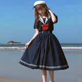 Drespot Navy Sailor Collar Dress Mori Girl Harajuku Sundress Japan Style Sweet Lolita Style Kawaii Cute Dress Princess Elegant