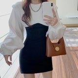 Drespot  Fashion Korean Style Bodycon Mini Dress Women Kpop Lantern Sleeve Slim Wrap Short Dresses Casual Autumn Winter Female