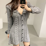 Drespot  Twisted Knitted Sweater Mini Dress Women V-Neck Single Breasted Party Dress Autumn Winter Long Sleeve Korean Casual Dresses Robe