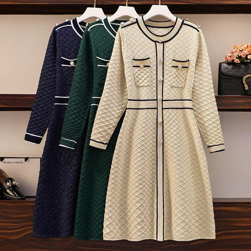 Drespot  High Quality Spring Fall Korean Fashion Knitted Sweater Dress Women Slim Button Bright Shinny Vintage Party Christmas Dress Robe