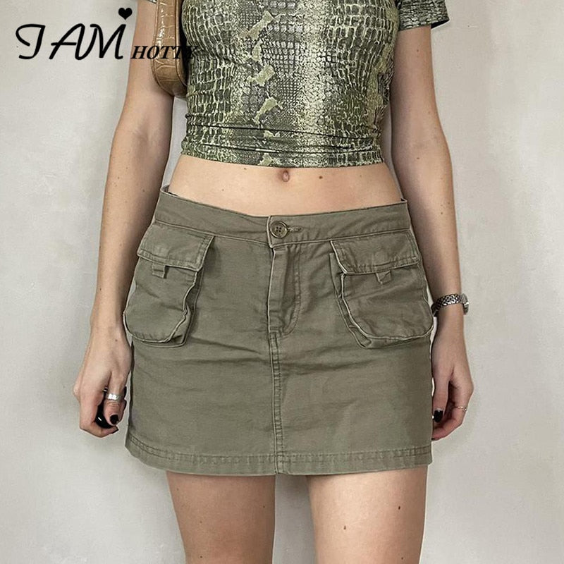 IAMHOTTY Vintage Low Waist Denim Skirt Green Grunge Clothes Y2K Cargo Mini Skirts Pockets Straight Casual Outfit Fairycore Hot