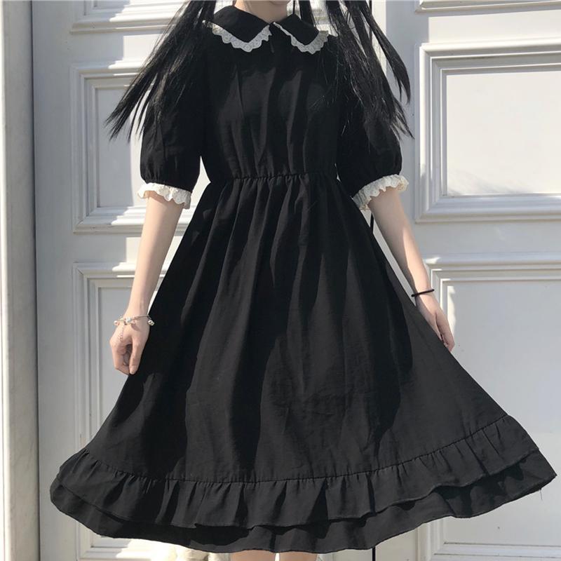 Drespot  Autumn Black Kawaii Lolita Style Dress Mori Girl Fairy Cute Lolita Peter Pan Collar Puff Sleeve Dress  Fashion Women