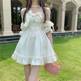 Drespot White Kawaii Fairy Dress for Girls Summer Cute Princess Off Shoulder Ruffle Party Mini Dresses Woman Casual Sundress 0525