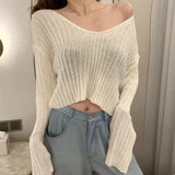 Drespot New Spring Summer Women Casual Loose V-neck Knitted Long Sleeve T-shirt Autumn Sexy Club Solid Off Shoulder Thin Crop Tops Shirt