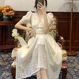 Drespot One Piece Dress Korean V-Neck Elegant Vintage Dress Women Puff Sleeve Lace Dress Evening Party Dress Females  Summer Chic