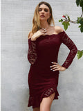 Women Lace Dress Long Sleeve Sexy Off The Shoulder Bodycon Dresses Solid Mini Ladies Party Dress Elegant Club Short Robe
