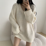 Drespot 2023 Women V-Neck Pullovers Simple Loose O-Neck Oversize Autumn Sweaters Knitted Korean Fashion Long Sleeve Sweater Top