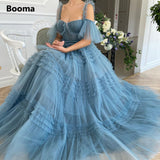 Drespot Blue Long Prom Dresses Sweetheart Crumpled Tulle Ruffles Evening Dresses Off Shoulder Tiered A-Line Party Dresses Bow Belt