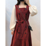 Drespot Red Elegant Dress Women Sweet Square Collar Vintage Maxi Dress Long Sleeve Patchwork Korean Fashion Female Robe