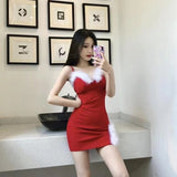 Sexy Spaghetti Strap Dress Women Red Christmas Mini Dressses Female Fashion Bodycon Faux Fur Party Night Club Vestidos Mujer