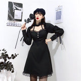 Drespot Black Dress Gothic Lace Patchwork Hollow Out Women Sexy Long Sleeve Dresses Harajuku Oversize Vintage Dark Y2k Outfits