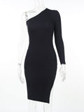 Drespot One Shoulder Midi Dress Asymmetric Skinny Long Sleeve Autumn  Elegant Streetwear Party Sexy Ribbed Black Dresses