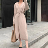 Drespot  Vintage Women Knitted Dress Autumn Winter Brief V-neck Warm Drawstring Lace-up Loose Midi Female Sweater Dress