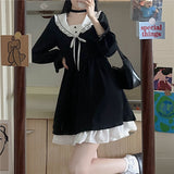 Drespot Vintage Kawaii Black Dress Soft Girl Japanese Harajuku College Style Ruffles Falre Sleeve School Student Cute Clothes