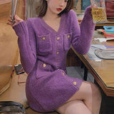 Drespot  Korean Sweet Chic Elegant Knitted Sweater Dress Women Small Fragrance Single Breasted Slim Mini Dress Party Robe Femme Vestidos