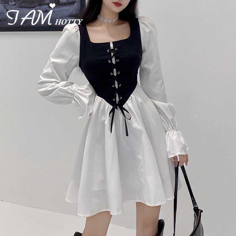 Corset Patchwork Lace Up A Line Mini Dress Women Korean Style White Flare Long Sleeve Kawaii Dresses Party Evening New Iamhotty