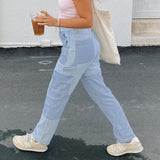 Wide Leg Patchwork Straight Jeans Women Pockets High Waist Boyfriend Mom Distressed Denim Jeans Streetwear Pants Iamhotty