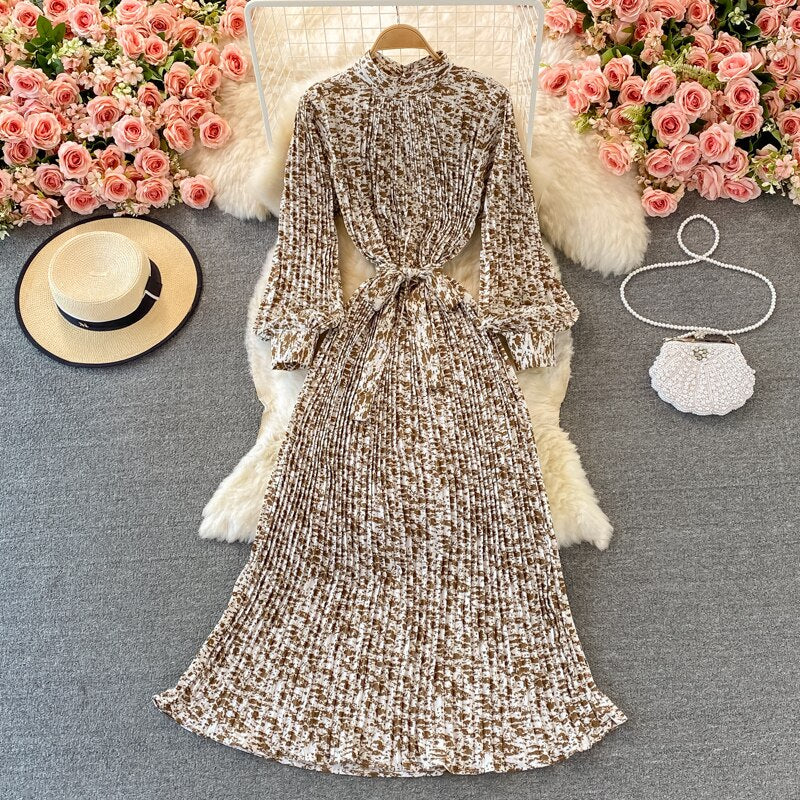 Drespot Spring New Women French Loose Pleated Printed Long Dress Elegant Long Sleeve A-line Lady Clothes  Autumn Female Maxi Dress
