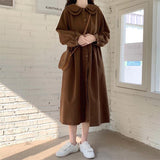 Women Preppy Style Dress Kawaii Vintage Long Sleeve Peter Pan Collar Midi Dresses Loose Casual Korean Fashion Streetwear