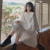 Drespot Kawaii Ruffle White Dress Japanese Sweet Cute Peter Pan Collar Elegant Long Sleeve Dresses Korean Clothes Women