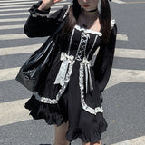 Drespot Kawaii Lolita Milkmaid Dress Women Japanese Maid Costume Gothic Lolita Ruffle Bandage Staple Dress Long Sleeve Autumn