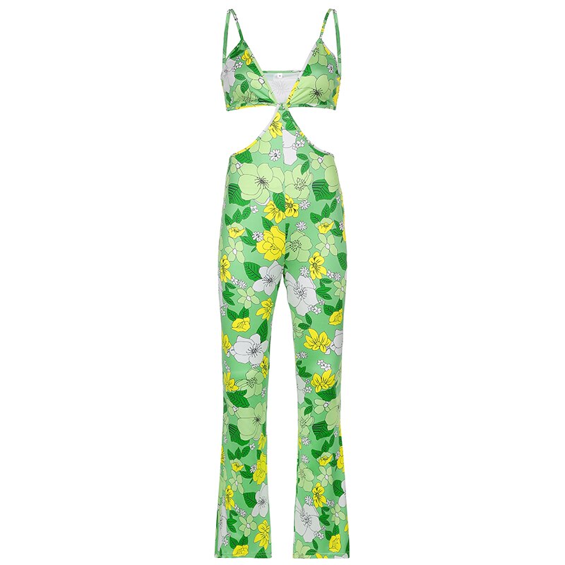 Hollow Out Sexy Floral Jumpsuits Female High Street Flare Overalls Hipster Milkmaid Corset Romper Skinny Bodysuit Iamhohtty