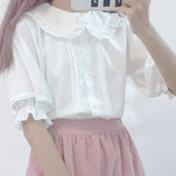 Drespot White Shirt Kawaii Peter Pan Collar Preppy Style Blouses Woman Sweet Ruffle Short Sleeve Tops  Fashion Clothes
