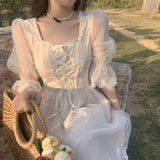 Drespot French Vintage Midi Dress Women Lace Elegant Princess Party Fairy Dress Female  Spring Casual Korean Wedding Victorian Dress