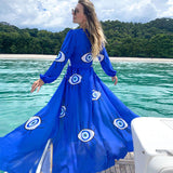 Soft Fabric Wrinkle-free Blue Eyes Chiffon Belted Summer Beach Dress Tunic Sexy Short Sleeve Women Beachwear Wrap Dresses D3