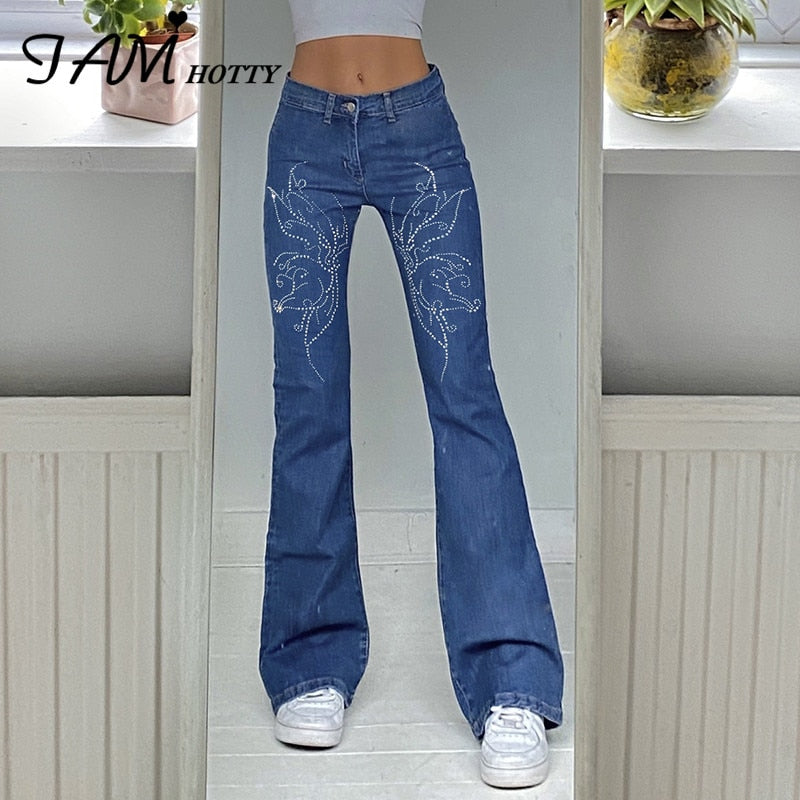 Y2K Butterfly Rhinestone Printed Flared Jeans Women Low Waist Retro Pants Harajuku Baggy Denim Trouser Cute Streetwear Iamhotty