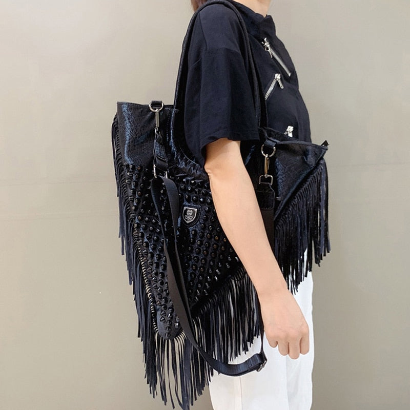 Emo Luxury Designer Women Brand Purses and Handbags Gothic Vintage Bag Tassel Leather Tote Shoulder Bag Alt Rivet Shopper Bags