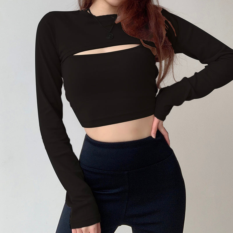 Drespot Basic Solid Color Chest Hollow Out  Cami And T-shirt Two Pieces Women Casual Fitness Long Sleeve Crop Top Korean  Iamhotty