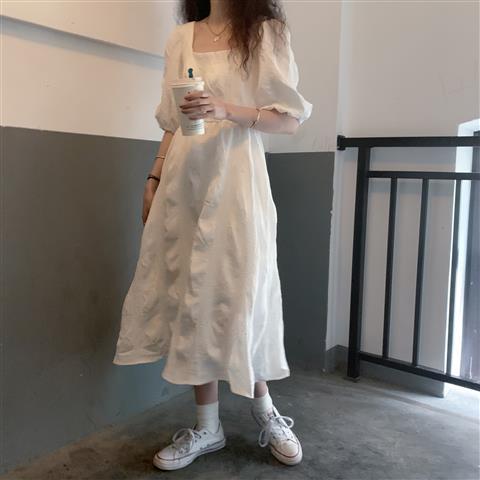 Women Half Sleeve Dresses Solid Casual A-line High Waist Square Collar Summer Girls Sweet Daily Dress Puff Sleeves Elegant Chic