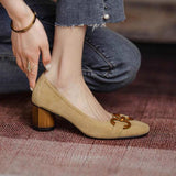 Drespot  Women's Pumps Square Toe Mid Thick Heel Metal Decoration Velvet Ladies Footwears Office Lady Mature Career Autumn Female Shoes