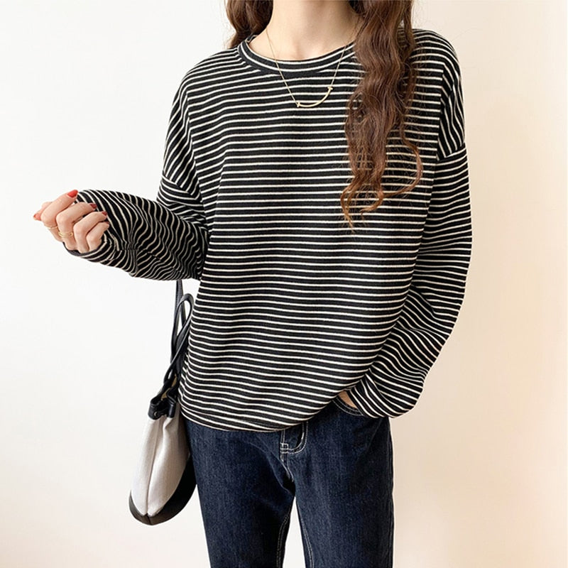 Drespot Spring Autumn Classic Striped Oversize Women's T-Shirts  New Long Sleeve O-Neck Casual Shirts Female Knitting Tops