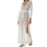 Sexy See Through White Lace Summer Dress Beach Tunic Women Beachwear V-neck Long Sleeve Side Split Maxi Dress Sarongs Q965