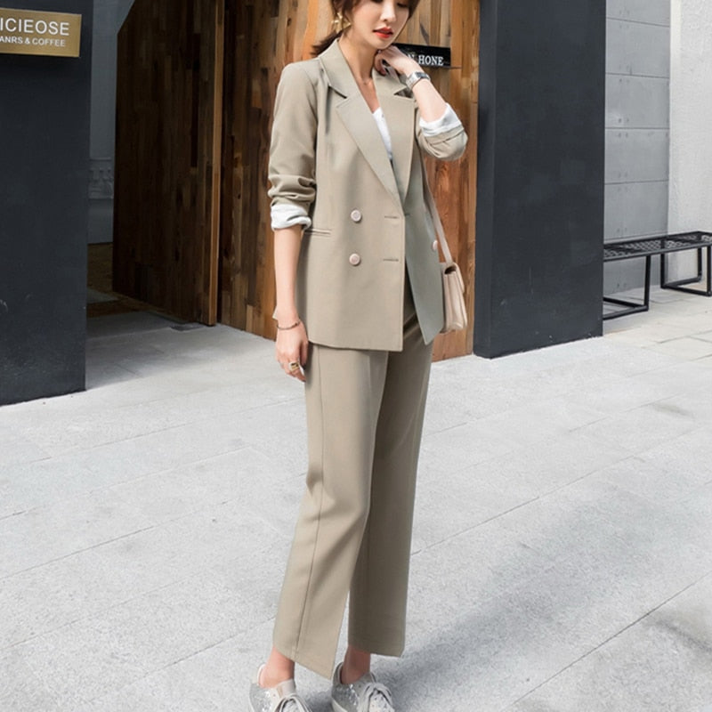 Drespot Autumn Women Suit 2 Piece Sets Casual Blazer High Waist Pants Office Lady Notched Jacket Pants Suits Set