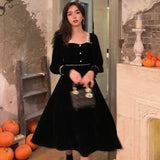Drespot Vintage Velvet Black Dress Women Retro Elegant Wrap Badycon Square Collar Midi Dress For New Year  Button Spring