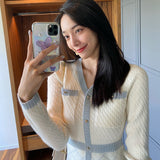 Drespot Elegant Knitted Dress Women Long Sleeve Button Designer Winter Office Mini Sweater Dress Patchwork One Piece Dress Korean