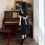 Black Dress Women Summer Bow  Elegant Vintage Dress Navy Kawaii Sweet Patchwork Sundress Lolita Preppy Style Outfits