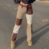 Drespot Autumn Brown Women Cowboy Striped Patchwork Jeans Street Casual Hip Hop High Waist Loose Straight Jeans Women's Fashion Pants