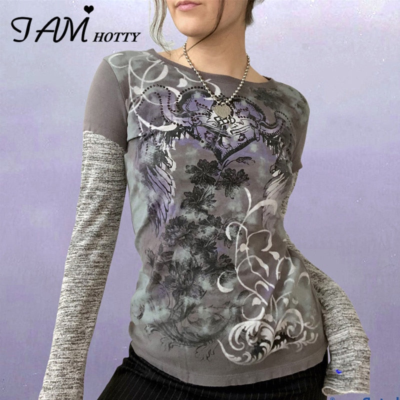Fairycore Printed Aesthetic Grunge Top Women Retro Patchwork Tshirt Grey Casual Tops Dark Academia Tshirts Autumn  Iamhotty