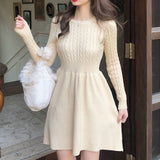 Drespot  High Quality  New Spring Autumn Knitted Sweater Dress Women A-line Solid High Waist Vestidos Elegant Korean Mini Dresses