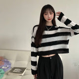 Drespot Gothic Striped Cropped Sweater Women Vintage Grunge Oversize Knit Jumper Korean Style Long Sleeve Harajuku Pullover Top